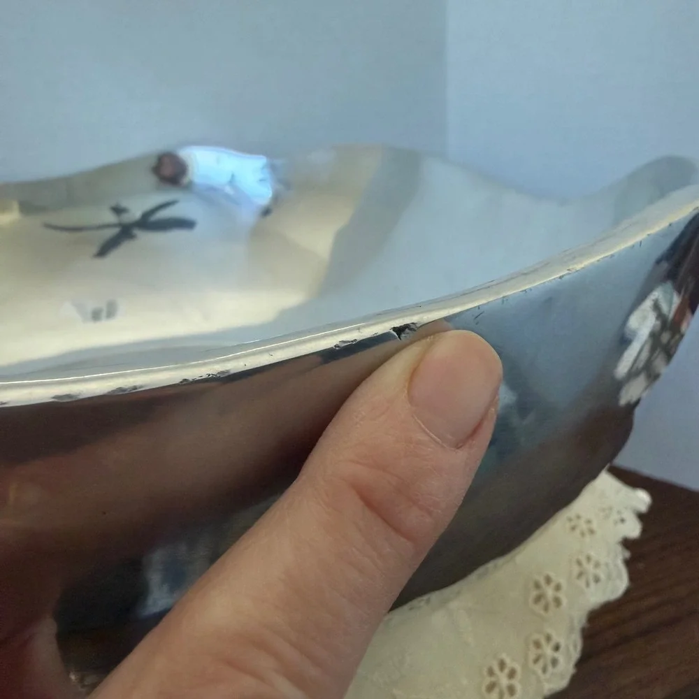Vintage‎ Polished Aluminum Serving Bowl Organic Wavy Rim Silver Centerpiece 14in